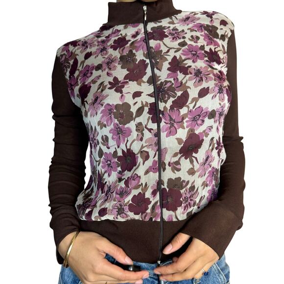 Vintage 00s Romcom Floral mesh zip front long sleeve top (S/M) - Picture 1 of 10